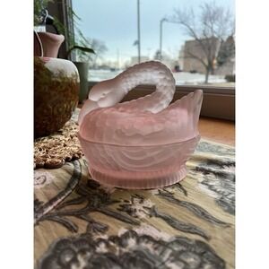 VTG Sigma Swan Nesting Box Pink Satin Glass Candy Dish Trinket Taiwan Art Deco
